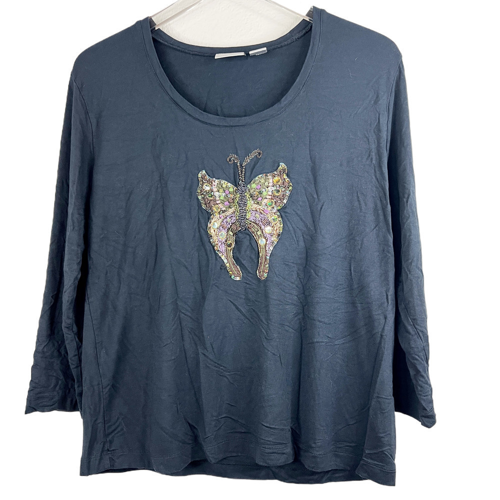 Chicos Sequin & Beaded Butterfly Black Knit Top Scoop Neck Size 2 (L)